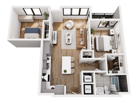 Floor plan for 2 beds, 1 bath, 865 sqft